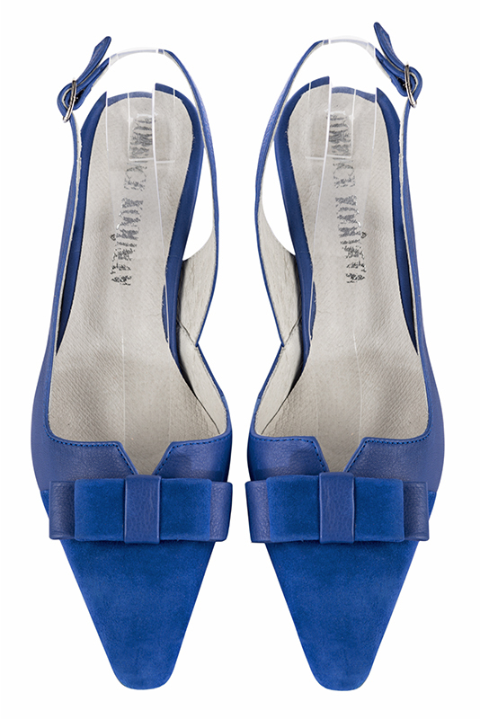 Electric blue women's open back shoes, with a knot. Tapered toe. Low kitten heels. Top view - Florence KOOIJMAN